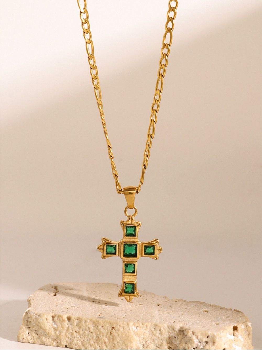 18K Gold Plated Green Zircon Cross Pendant Necklace Stainless Steel Figaro Chain